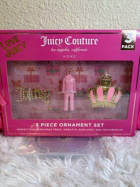 Juicy Couture Love Juicy 3 Piece Christmas Ornament Set Pink Gold NWT